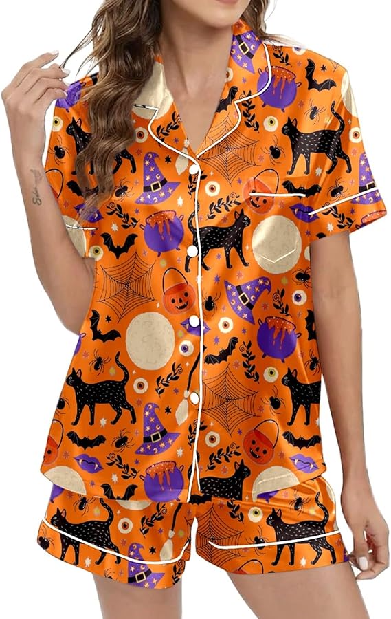Halloween Pajamas Women Satin Pajama Set Matching Shorts Skull Bat Pumpkin Soft Short Sleeve Lounge Sleepwear - skull pajamas