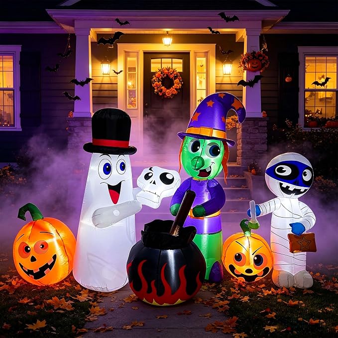 SEASONBLOW 8 FT Halloween Inflatable Witch Ghost Mummy Combo Decorations - skull inflatable