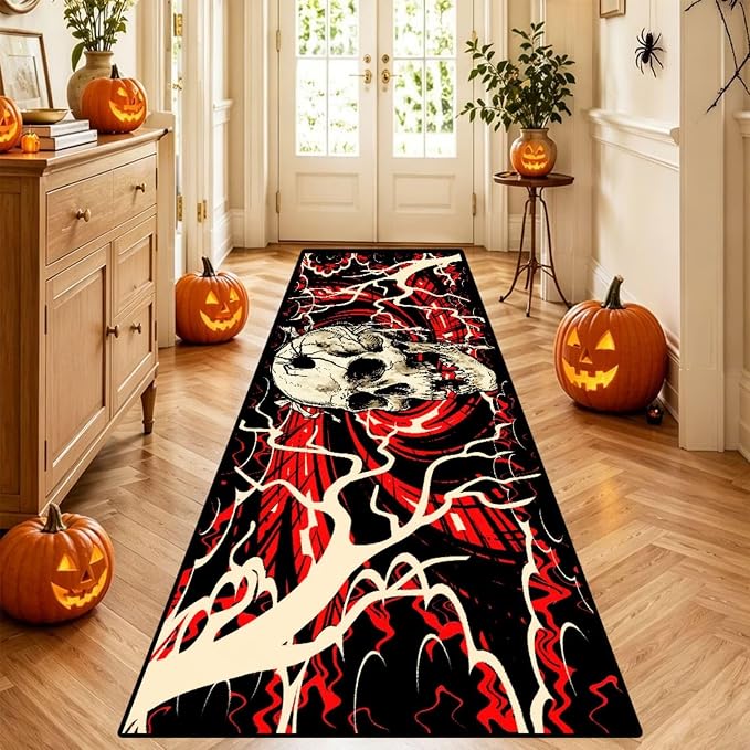 Skull Runner Rug 2x7ft Red and Black Area Rug for Hallway