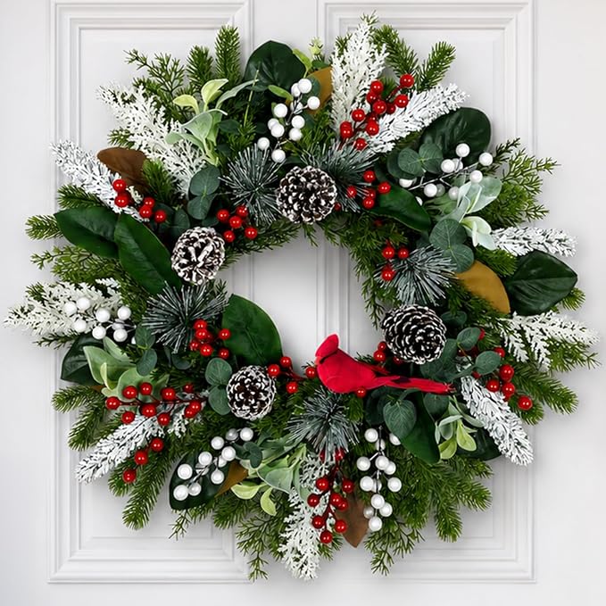 Christmas Wreath for Front Door, 28″ Cardinal Winter Wreath with Berries
