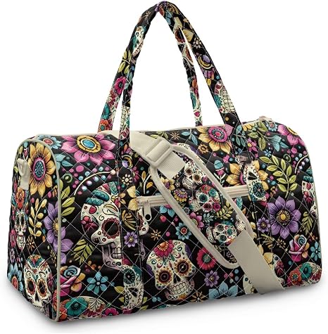 Quilted Duffle Bag for Women Men Gym Bags Gothic Bag Skull Flower Weekender Bag with Adjustable Strap Carry On Totes - skull suitcase