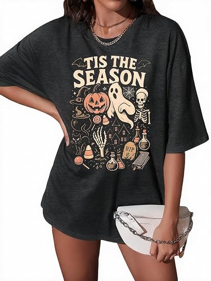 Oversized Halloween Shirts for Women Spooky Season Ghost Graphic T-Shirt - skull tshirt