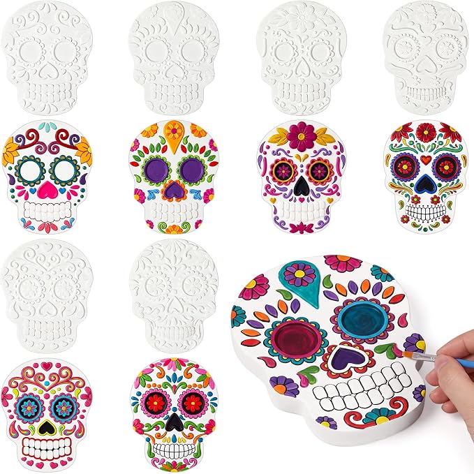 Vertintong 12 Pcs Sugar Skull to Paint, Day of The Dead Ceramics Craft Kit