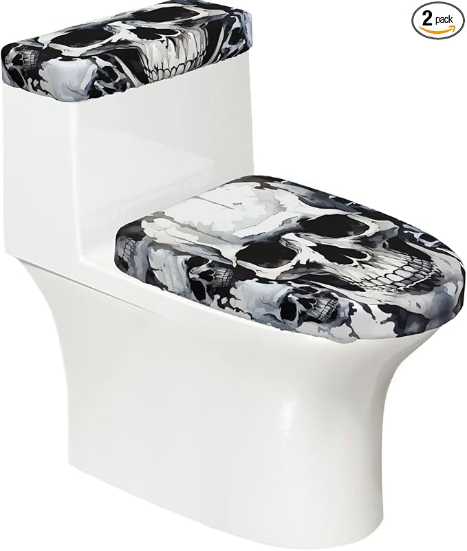 2 Pcs Toilet Lid Cover and Toilet Tank Lid Cover, Washable Toilet Cover with Elastic Bottom Replacement Soft Stretch Toilet Seat Cover Set White and gray skull graphics Bathroom Decor - skull toilet mat