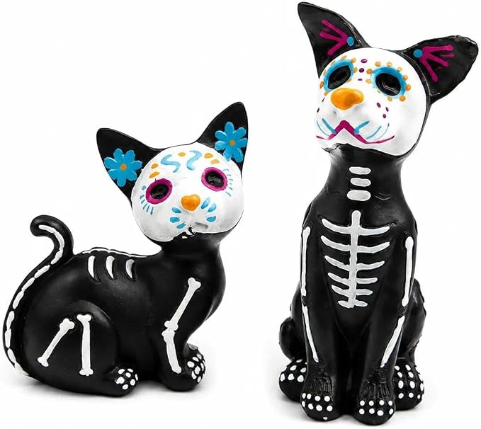 Day of the Dead Cat Dog Figurines, Skeleton Pet Statues Set for Halloween - skull figurine