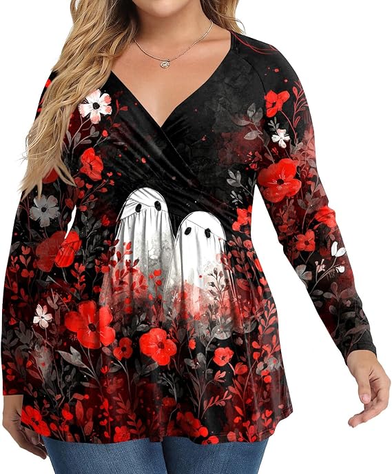 Halloween Tops for Women Plus Size Fall Long Sleeve V Neck Tunic Shirts Casual Ruched Funny Cute Graphic Blouses - skull sweatshirts
