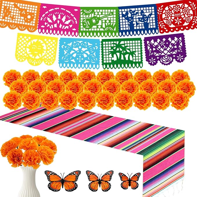 Dia De Los Muertos Decorations, Day of The Dead Altar Decorations Set, 1Pcs Papel Picado Banner, 1Pcs Mexican Table Runner, 30Pcs Marigold Flowers, 12Pcs Fake Monarch Butterfly - skull carpet