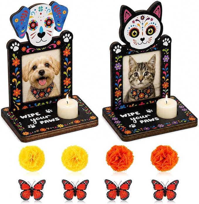 2 Set Day of the Dead Dog Cat Wooden Photo Frame Candle Holder Alter Decor - skull candle