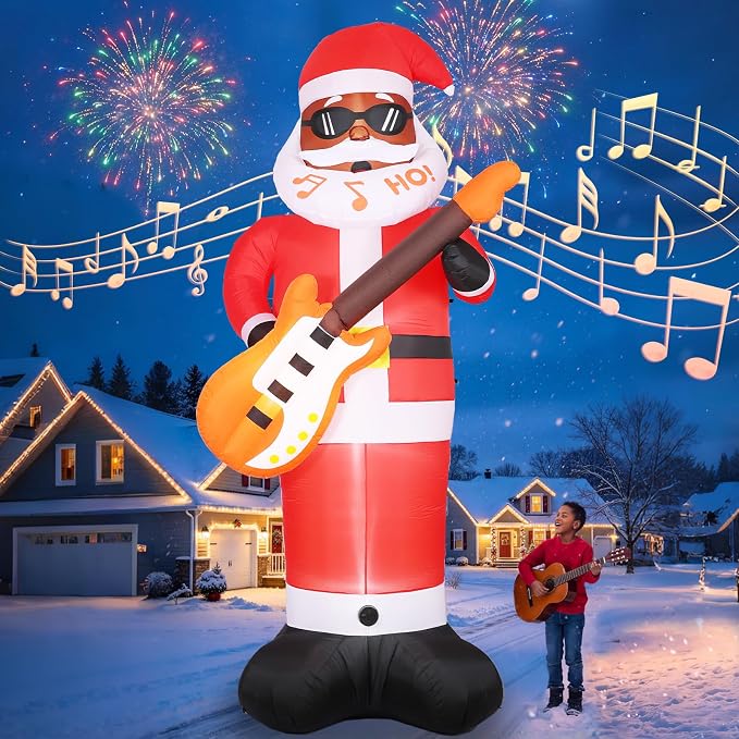 Elegear 12FT Black Santa Christmas Inflatables with Guitar & Built-in Music - skull inflatable