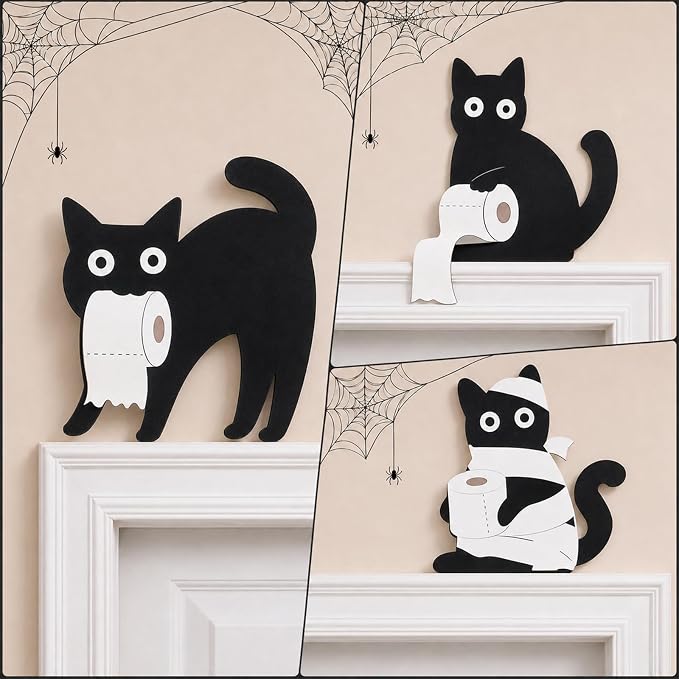 Halloween Bathroom Decor, 3 Pcs Wooden Black Cat Halloween Decorations for Bathroom Wall Door Shelf, Funny Toilet Paper Cat Wall Art for Cat Lovers - skull toilet paper