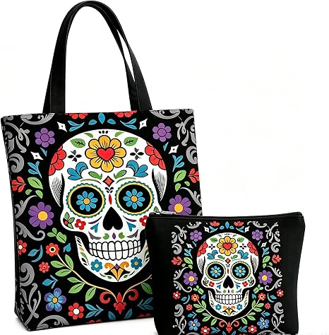 GRITOSE 2pcs Black Bag，Big Canvas Tote Bag for Halloween，Small Cosmetic Makeup Bags for Travel Pouch，The Day of Dead Accessories，Spooky Skull Flower Goth Bags for Party - skull suitcase