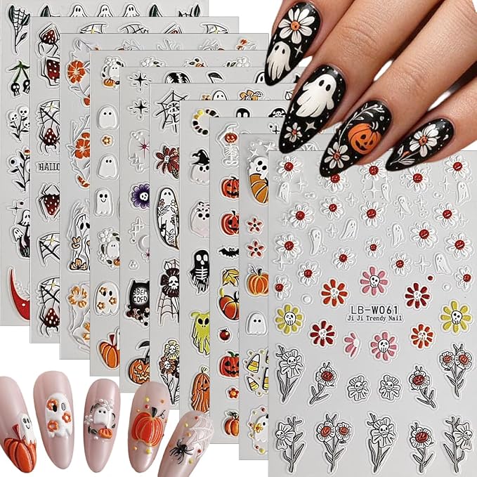 10 Sheets Halloween Nail Stickers – 5D Embossed Self Adhesive Nail Decals