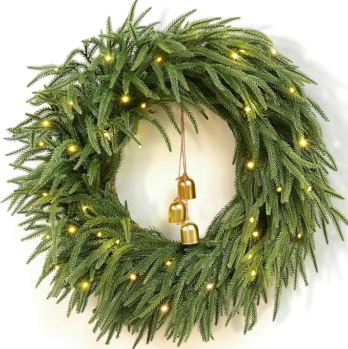 Christmas Wreath -24" Real Touch Norfolk Pine Christmas Wreath with Lights - skull wreath