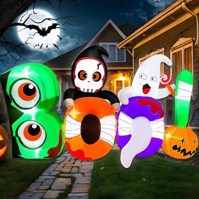 BLOWOUT FUN 8FT Halloween Inflatable Boo with Skeleton Ghost Pumpkin Decor - skull inflatable
