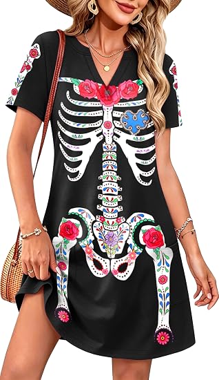 Womens Halloween Sundresses Ghost Pumpkin Shirt A-Line Dress with Pockets - sugar skull dress