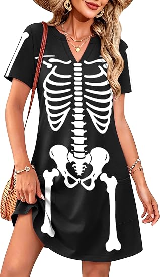 Womens Halloween Sundresses Ghost Pumpkin Shirt A-Line Dress with Pockets