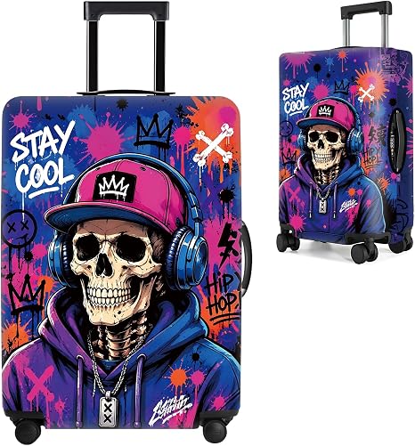Skull Luggage Cover Protective Suitcase Protector with Graffiti Art, Elastic Washable Travel Baggage Cover Fits 32-34 Inch Suitcase, Cool Hip Hop Skull Design for Men Women,XL
