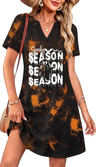 Womens Halloween Sundresses Ghost Pumpkin Shirt A-Line Dress with Pockets - sugar skull dress