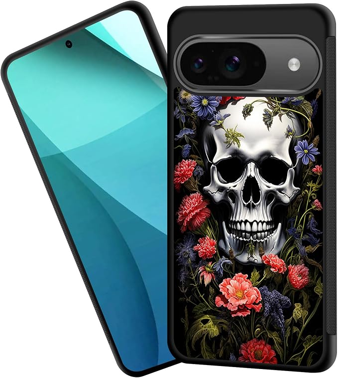 for Pixel 11 Case,Tire Anti-Skid Edges Cute Design Shockproof Bumper Full Protection Back Cover for Google Pixel 11 6.3" 2026,Skull with Flowers - Skull phone case