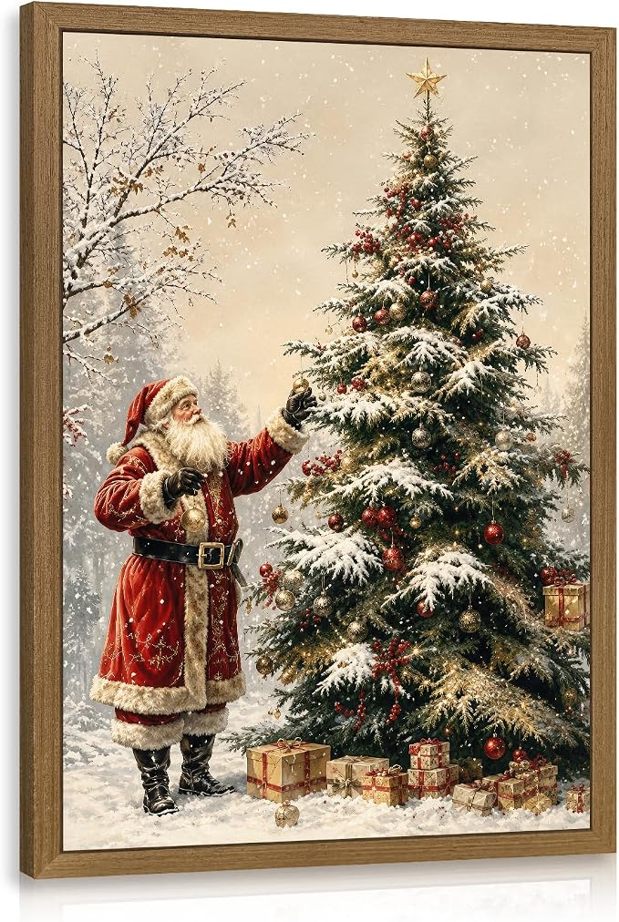 MueyHel Vintage Santa Claus Christmas Tree Wall Art, Wood Framed 12x16 Inch - skull wall art
