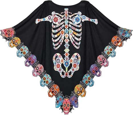 RENEMEGO Halloween Skeleton Poncho for Women Skull Costume for Adult