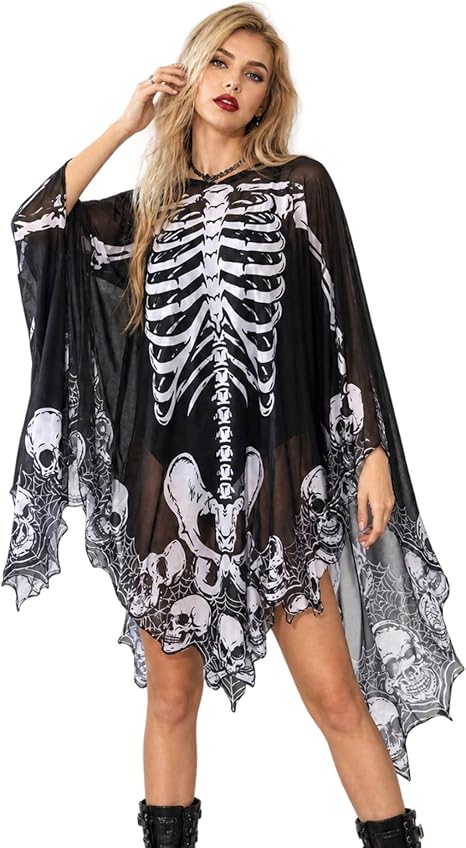 RENEMEGO Halloween Skeleton Poncho for Women Skull Costume for Adult - sugar skull costume