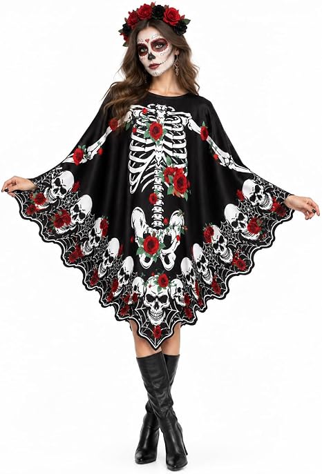 RENEMEGO Halloween Skeleton Poncho for Women Skull Costume for Adult - sugar skull costume