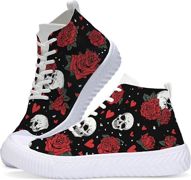 Women's Fashion Casual Sneakers Black Red White Skull Rose High Top Soft Knit Upper Lightweight Breathable Walking Shoes - sugar skull boots