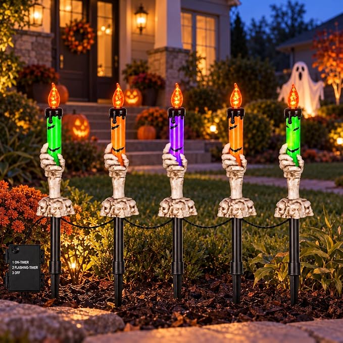 Halloween Decorations Outdoor Skeleton Hand Pathway Lights, 5 Pack Battery Operated LED Candle Stake Lights with Auto Timer & Flashing Mode, Skull Garden Markers for Yard Walkway Graveyard Party Decor - skull candle