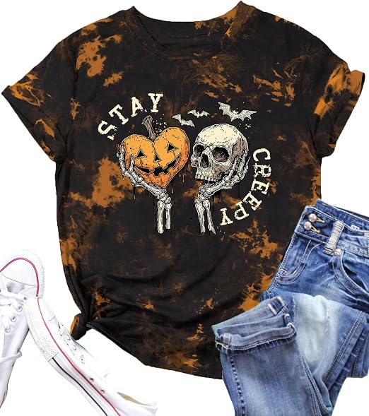 Halloween Shirts for Women Halloween Stay Creepy Shirt Skull Graphic Tees - skull leggings