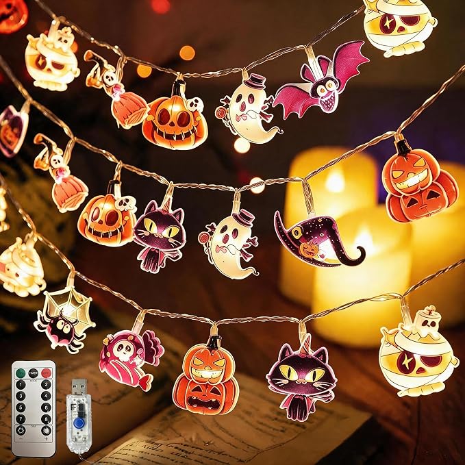 Halloween Fairy String Lights 9.8FT 20LED USB Operated, 8 Modes Timer Mini Decor Lights with Ghost Spider Witch Skeleton Black Cat Mummy for Indoor Window Party Decor（10 Elements） - string light