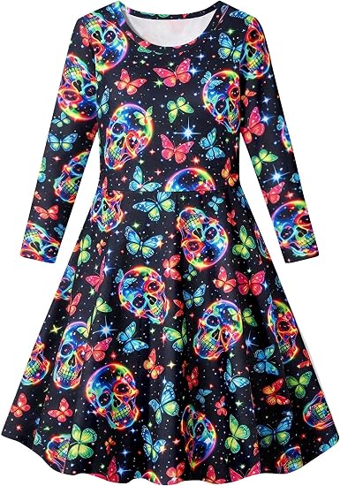 ALISISTER Girls Christmas Dress Long Sleeve Holiday Party Outfit 4-13Y - sugar skull dress