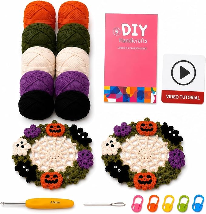 DIY Crochet Kit for Beginners, Two Halloween Coasters, Complete Starter Kit - skull coaster