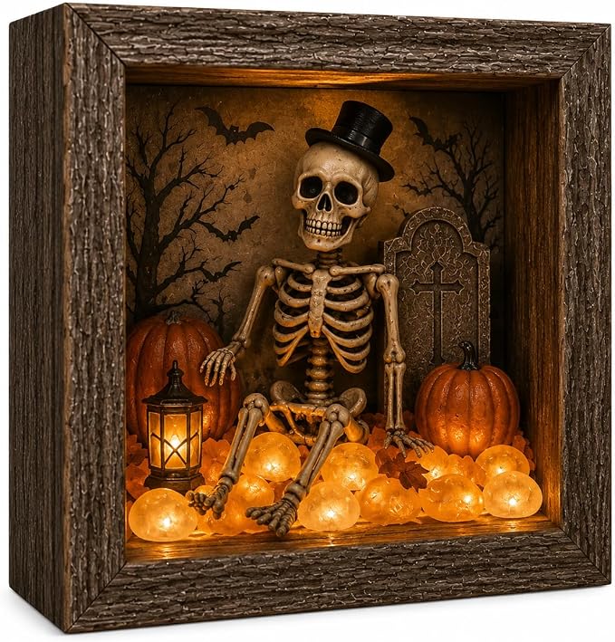 DIY Lighted Halloween Shadow Box Kit, Rustic Wooden Frame with Sea Glass Stones & Warm LED Light, Spooky Pattern Craft Picture Frame for Shelf Mantel Desk Decor, Indoor Autumn Holiday Gifts ，Skull - skull lamp