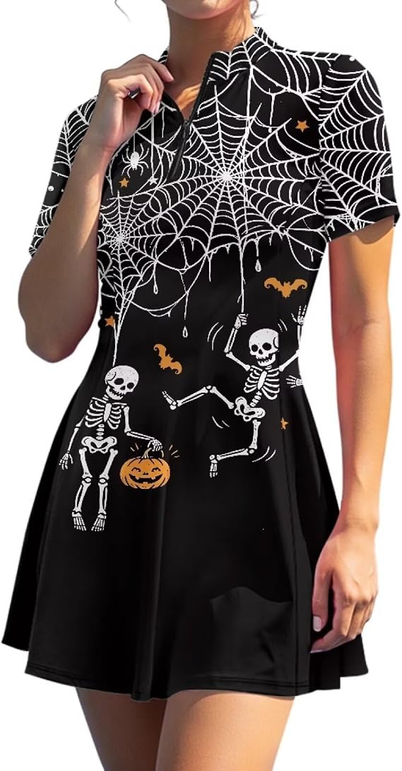 Summer Dresses for Women 2025 Short Sleeve Lapel Collared Work Mini Dress with Pockets Active Exercise Sports - sugar skull costume