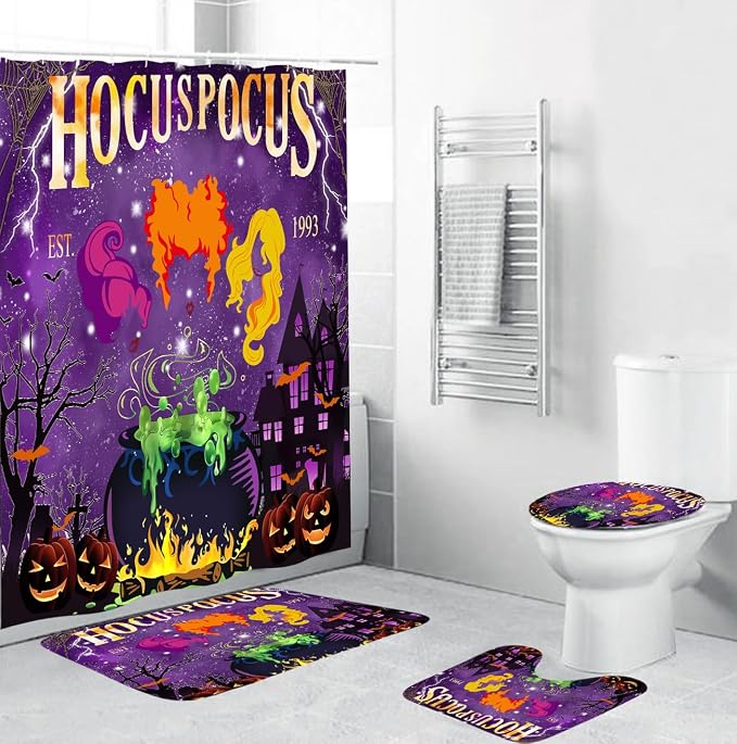 4Pcs Halloween Shower Curtain Set Hocus Pocus Shower Curtain for Halloween Bathroom Decor with Anti-Slip Waterproof Bathtub Bathroom Rugs Toilet Lid Cover (Purple) - skull toilet paper