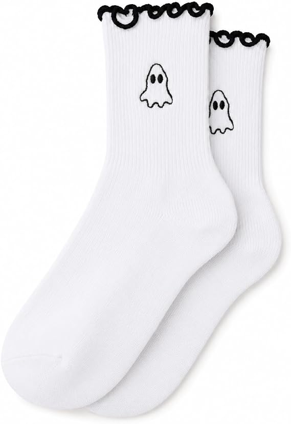 Cute Scalloped Trim Embroidered Crew Socks for Women Cotton - sugar skull costume