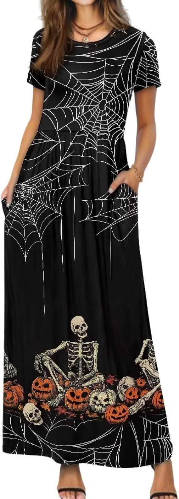 Women's Maxi Dress Short Sleeve Crewneck Loose Casual Empire Waist Long Dresses with Pockets Plus Size S-4XL - sugar skull dress