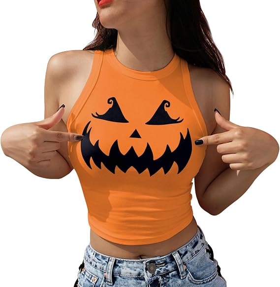 color cosplayer Women's Halloween Crop Top Sleeveless Tank Tops 3D Skeleton Skull Pumpkin Printed Tank Tops - skull tank tops
