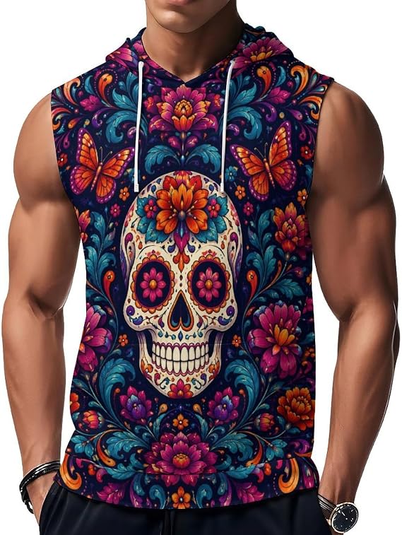 Mens Sleeveless Hoodie Shirt Gym Workout Tank Top Vintage Deer Skull - skull tank tops