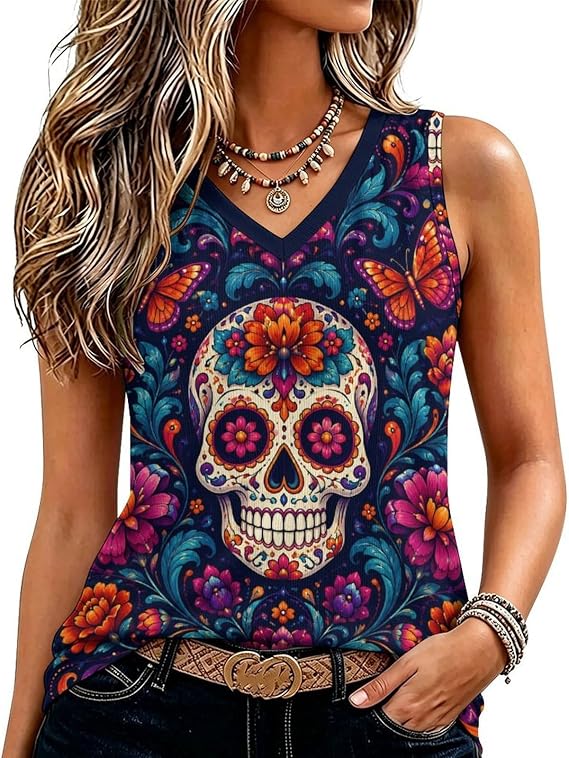 Womens V Neck Tank Top Sleeveless Workout Shirt Vintage Deer Skull - skull tank tops