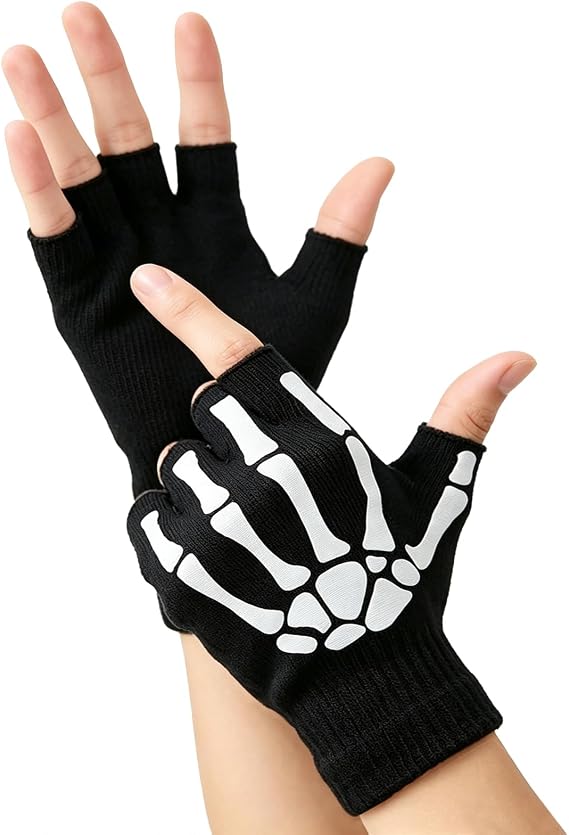 Halloween Skeleton Gloves For Men Women Fingerless Glow In The Dark Glove Emo Goth Costume Accessories - sugar skull costume