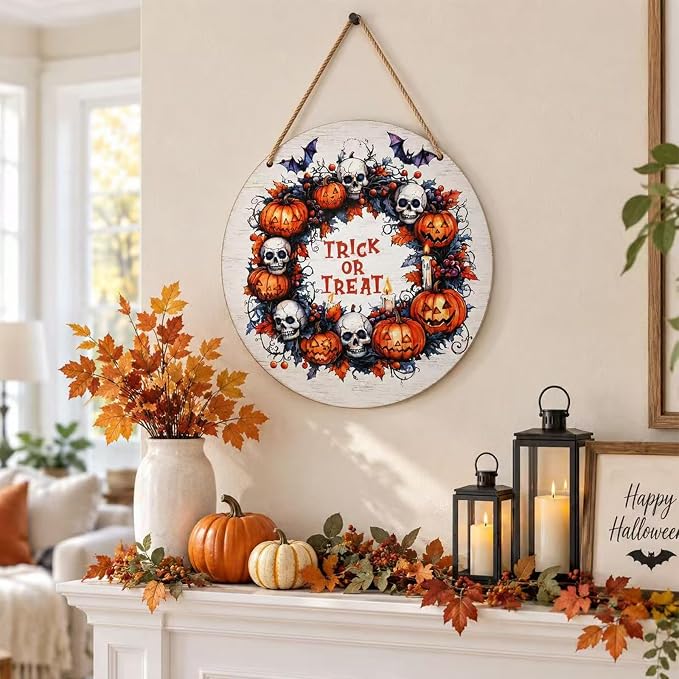Halloween Door Sign, Gothic Ghost Bat Pumpkin Skull Head Wreath Decorationas,Trick or Treat Welcome Sign Hanging Decor for Home Wall Outdoor Indoor Garden Porch Party Decor - skull wreath