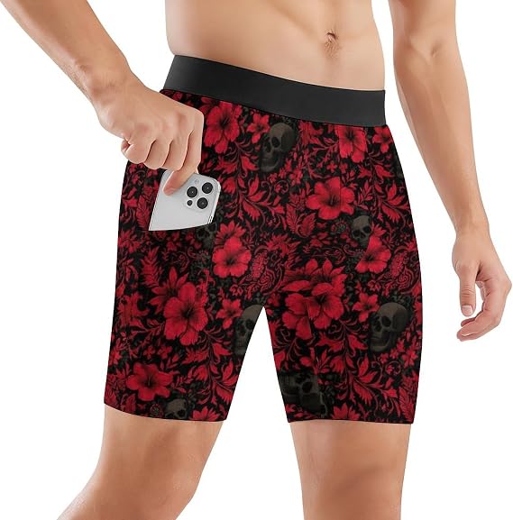 Mens Compression Shorts with Pocket Workout for Biker Running - skull swimsuit
