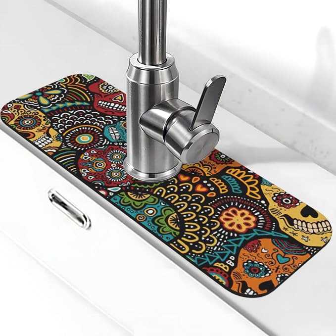 Sugar and Skulls Style Print Kitchen Faucet Suction Pad, Faucet Drain Mat for Kitchen Bathroom and Counter - skull toilet mat
