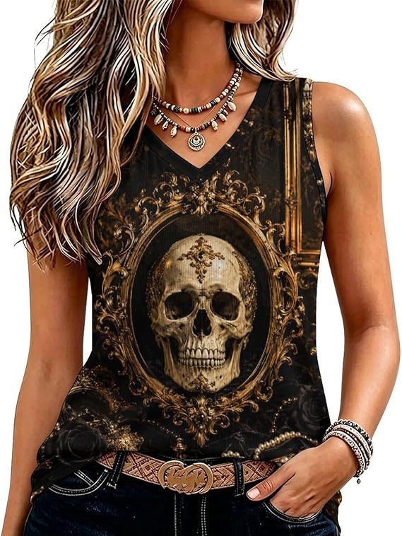 Womens V Neck Tank Top Sleeveless Workout Shirt Vintage Glass Skull - skull tank tops