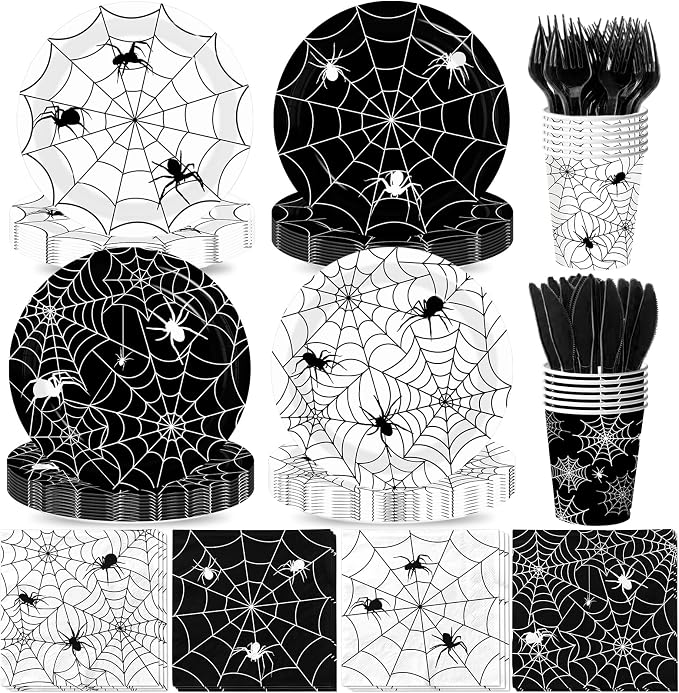 144 Pcs Halloween Plates and Napkins Set, Spider Web Tableware, Serves 24 - skull plate