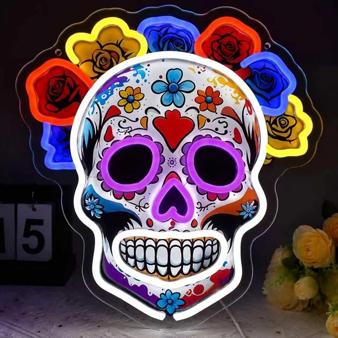 Halloween Neon Sign Day of the Dead Sugar Skull Neon Sign with Colorful Rose LED Lights Mexican Skull Wall Decor, Spooky Party Decoration for Bedroom Bar Home Festival - skull wall art