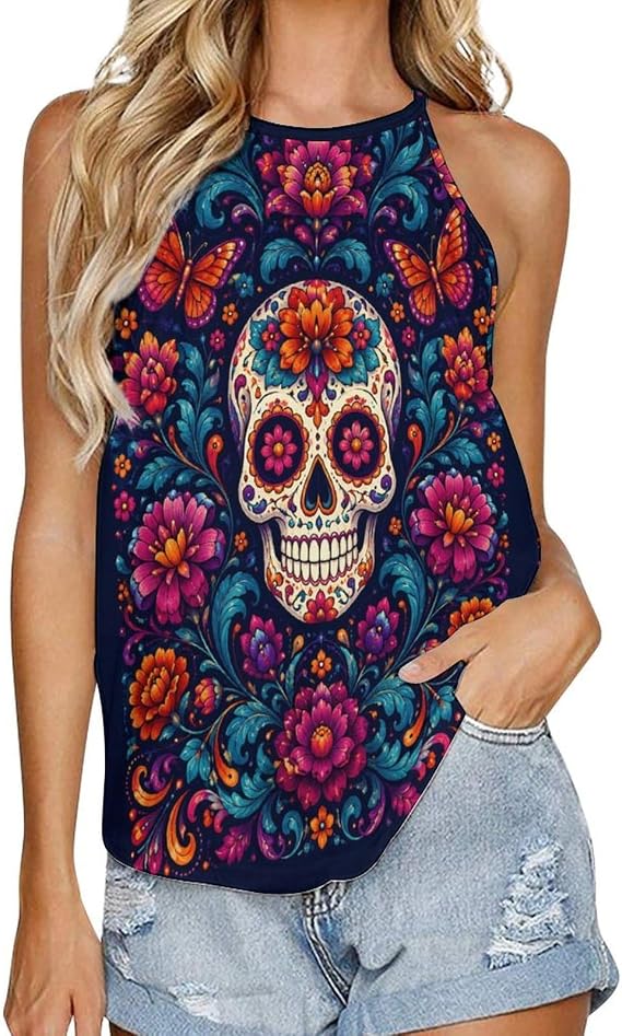 Womens Summer Tank Tops Sleeveless Casual Shirts Vintage Deer Skull - skull tank tops