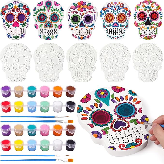 Vertintong 10 Pack Sugar Skull to Paint 4'' Day of The Dead Craft Kit - skull figurine